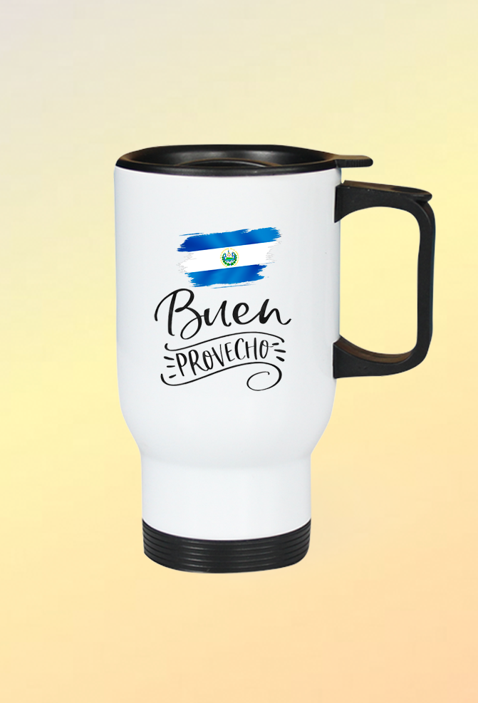 Taza Térmica con ilustración bandera salvadoreña y frase típica buen provecho - Imagen 2