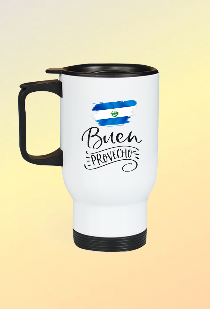 Taza Térmica con ilustración bandera salvadoreña y frase típica buen provecho